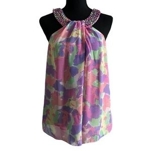 Pastel sleeveless trapeze top with beaded neckline Size 12
